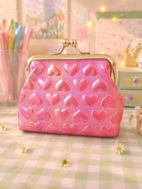 Pink Heart-Embossed Kiss-Lock Coin Purse